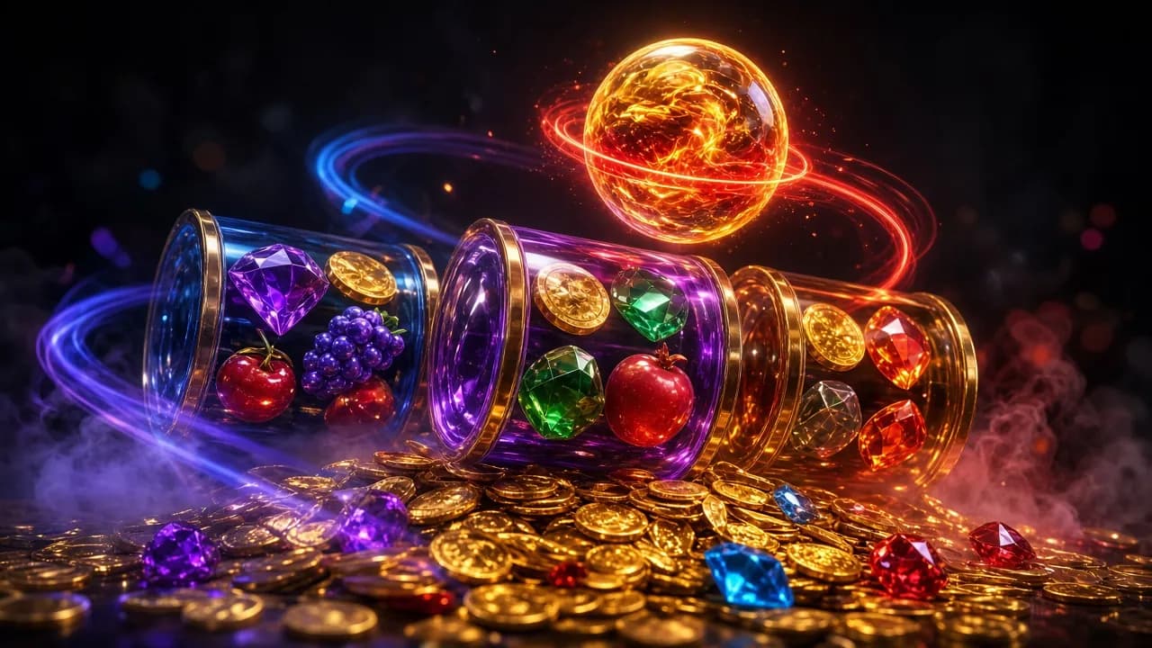 Abstraktné neonové valce, mince a jackpotová žiara v štýle RewardsGamble, bez textu a bez snímky hry.