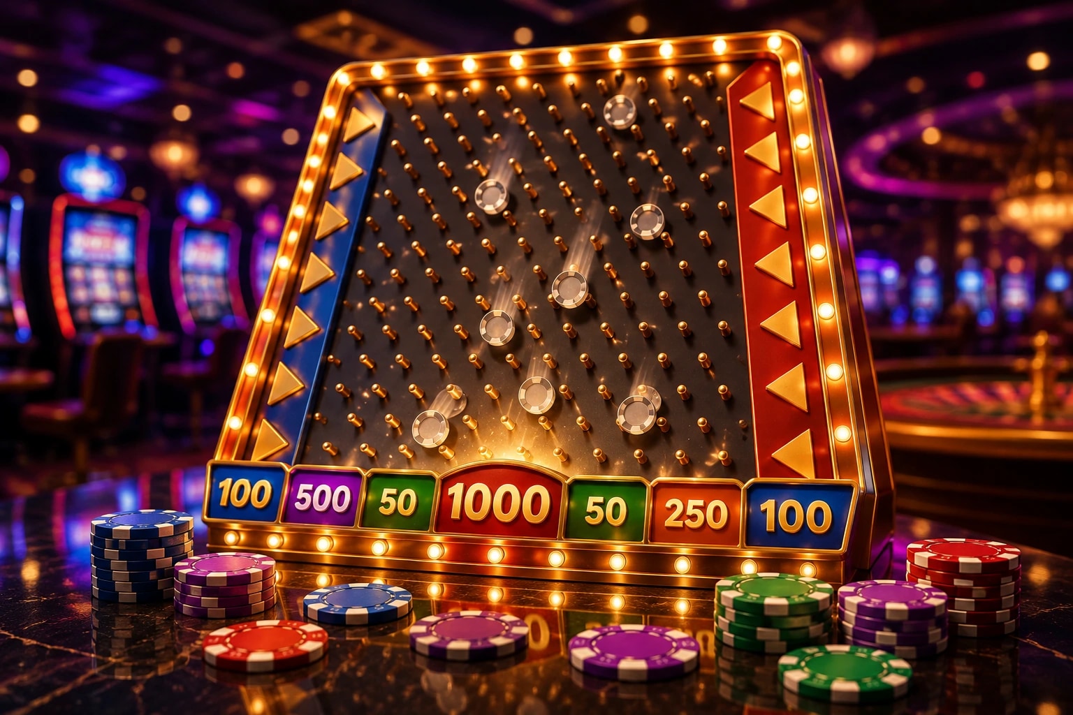 Osvetlená doska Plinko s kolíkmi, padajúcimi žetónmi a farebnými násobkami na kasínovom stole